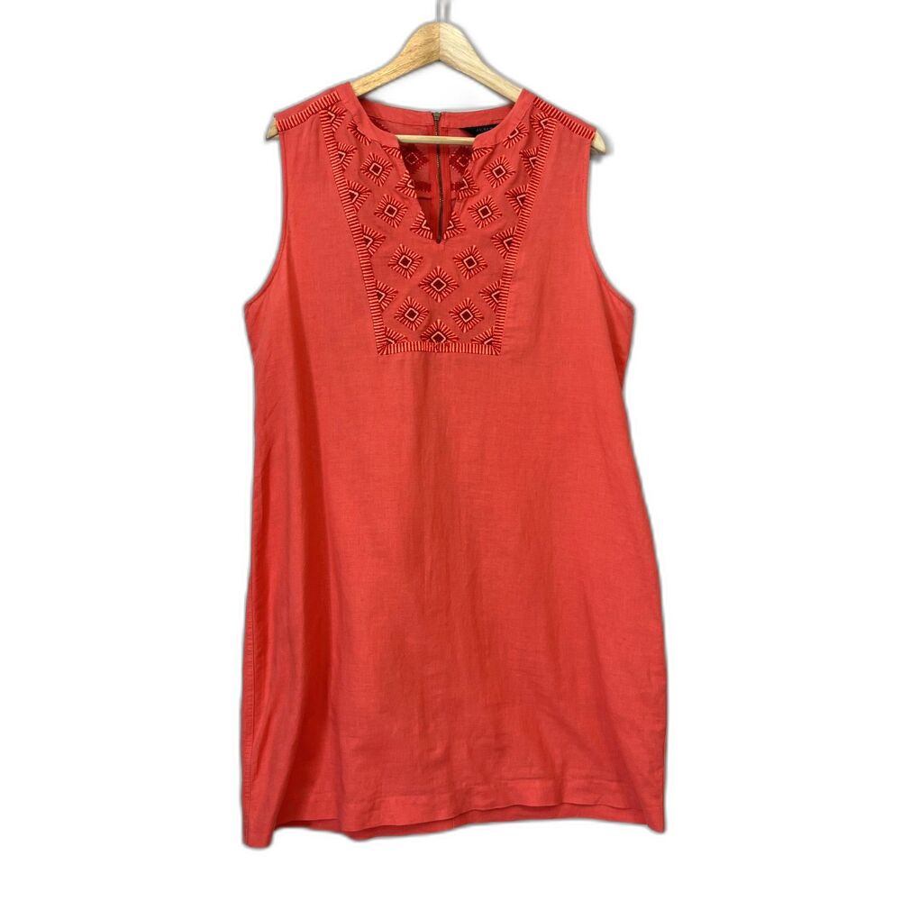 J Crew Linen Coral Sunburst Embroidered Shift Dress Sleeveless Large Summer Boho